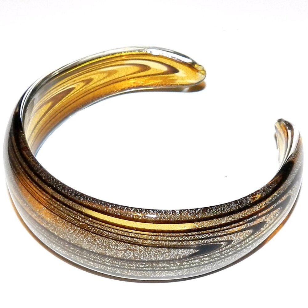 New Golden Brown Glass with Silver Foil Sparkle 7.5" Cuff Bracelet in Box BR369